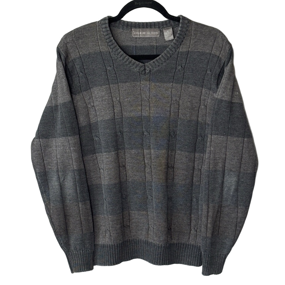Oscar de la Renta Vintage V-Neck Sweater Gray Stripe Knit Pullover 90s Designer